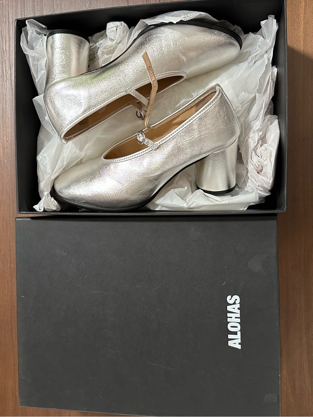 ALOHAS Silver Metallic Mary Jane Block Heels - Picture 2 of 6